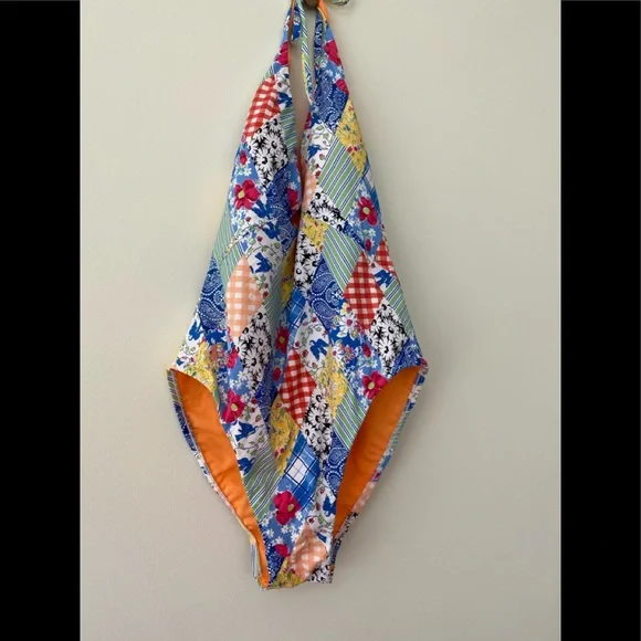 Polo Ralph Lauren Patchwork Plunge Neck One Piece Swimsuit - Picture 9 of 13